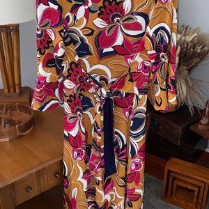 Vintage Women’s Sz 14 Leslie Fay Vibrant Floral Print Lined Dress with Tie Waist